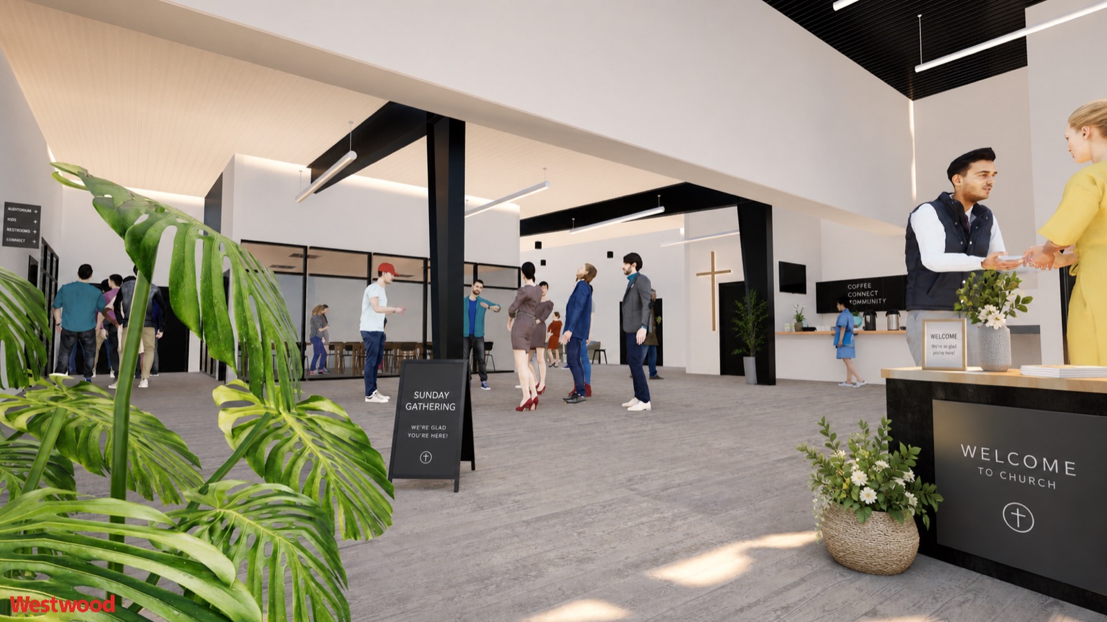 Architect rendering of the main lobby with a welcome desk and café