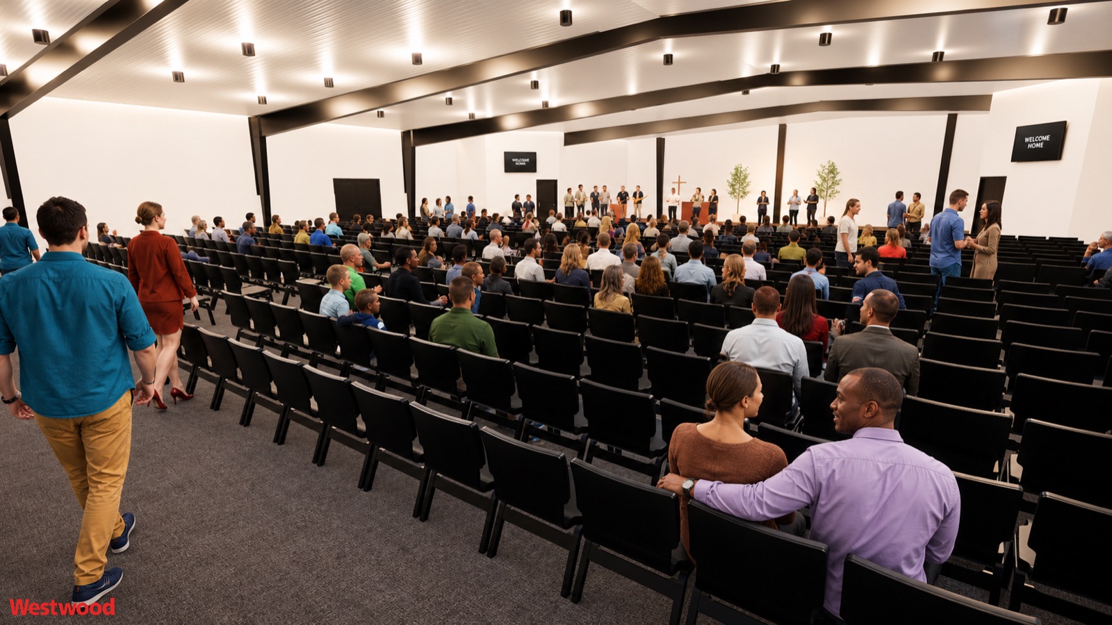 Architect rendering of the worship center auditorium filled with people